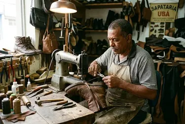 Sapateiro consertando o zíper de uma bota, com ferramentas adequadas.