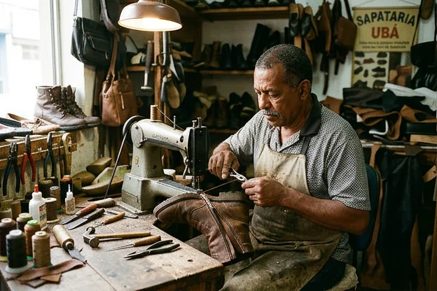 Sapateiro consertando o zíper de uma bota, com ferramentas adequadas.
