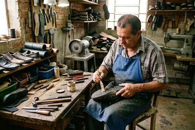 Sapateiro colando sola de calçado, mostrando produtos utilizados.