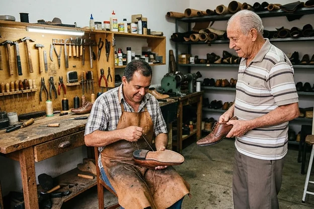 Sapateiro atendendo cliente, elogiando serviços de qualidade em Ubá.