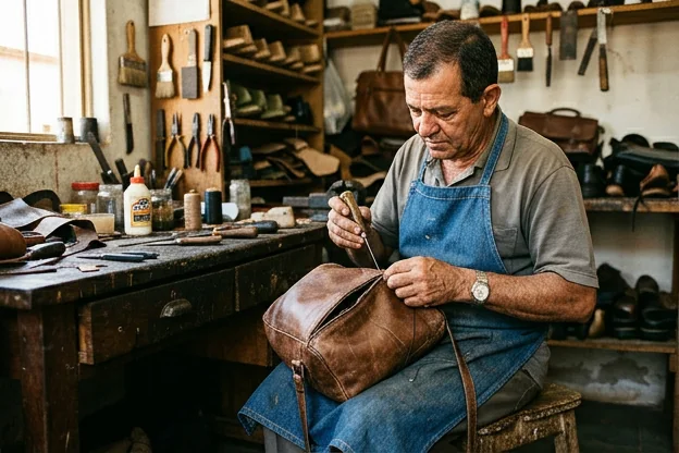 Sapateiro reformando bolsa de couro, com foco nas ferramentas.