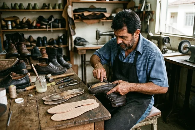 Sapateiro trocando palmilhas em calçados, destacando a importância do conforto.