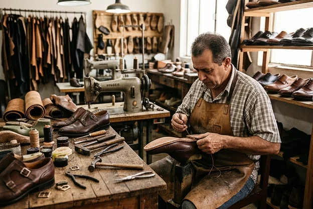 Sapateiro reformando sapatos sociais, com atenção e detalhamento.